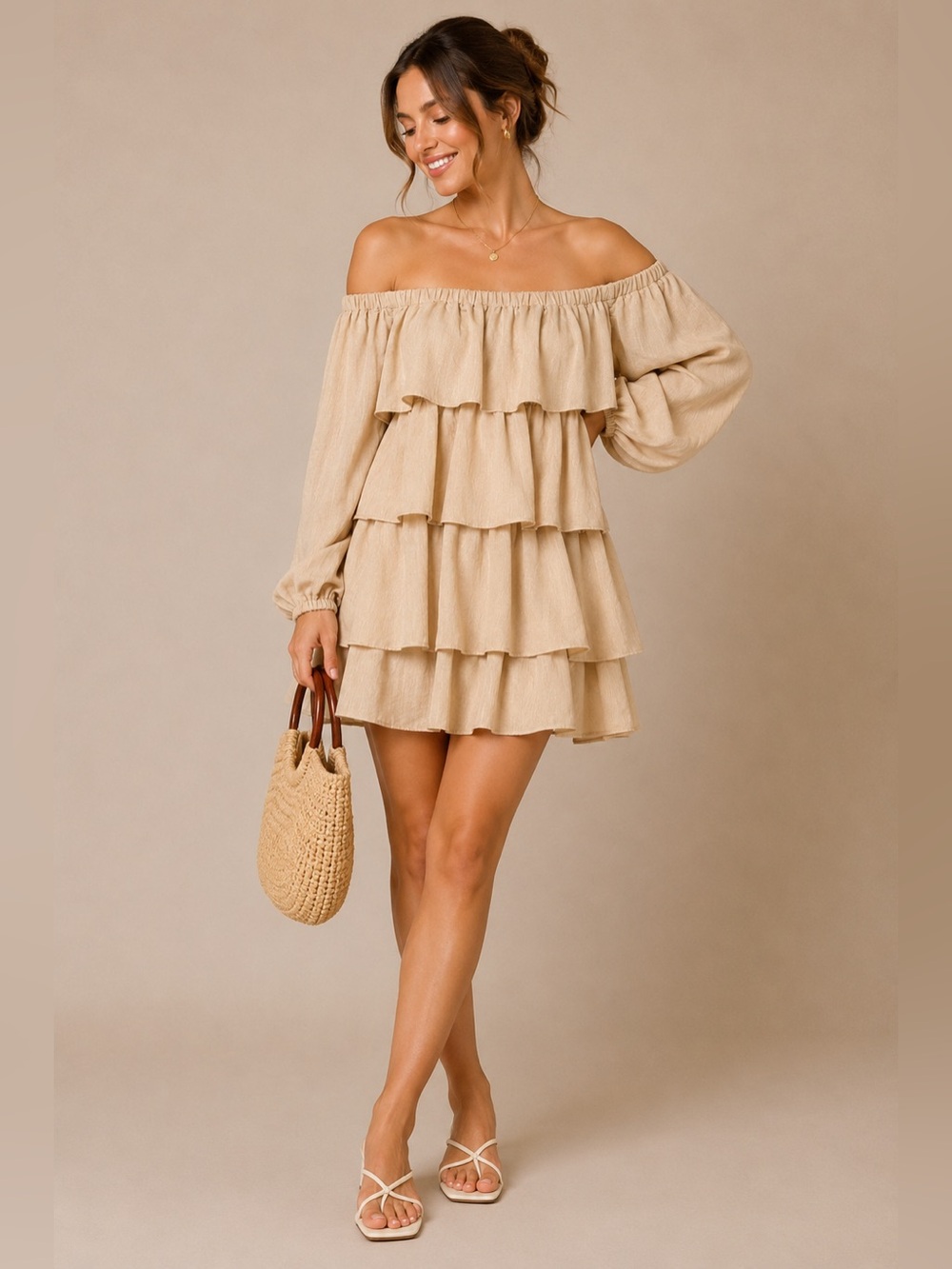WeWoreWhat Tiered Ruffle Mini Dress Beige Puff Sleeve Romantic Boho M